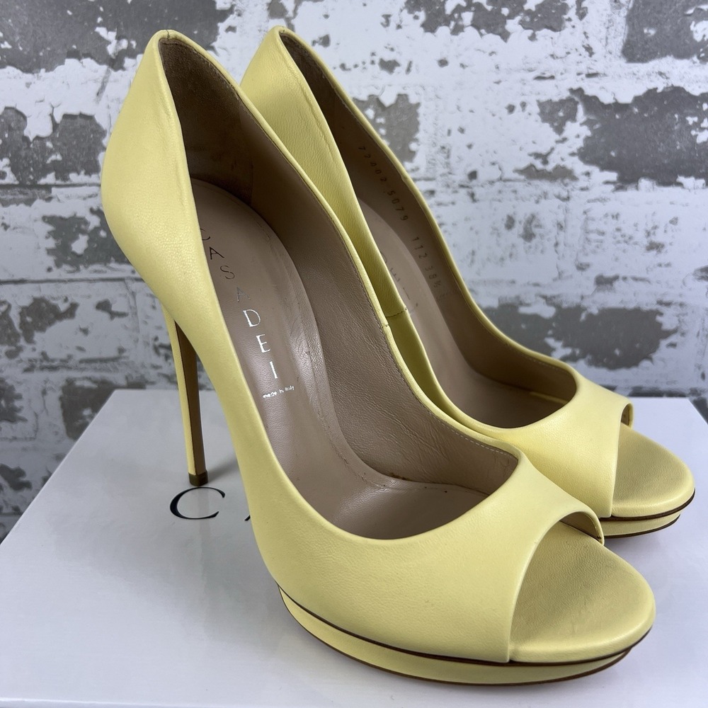 Casadei Peep Toe Stiletto Platform Pumps Butter Yellow US 8.5 EU 38.5 Italy